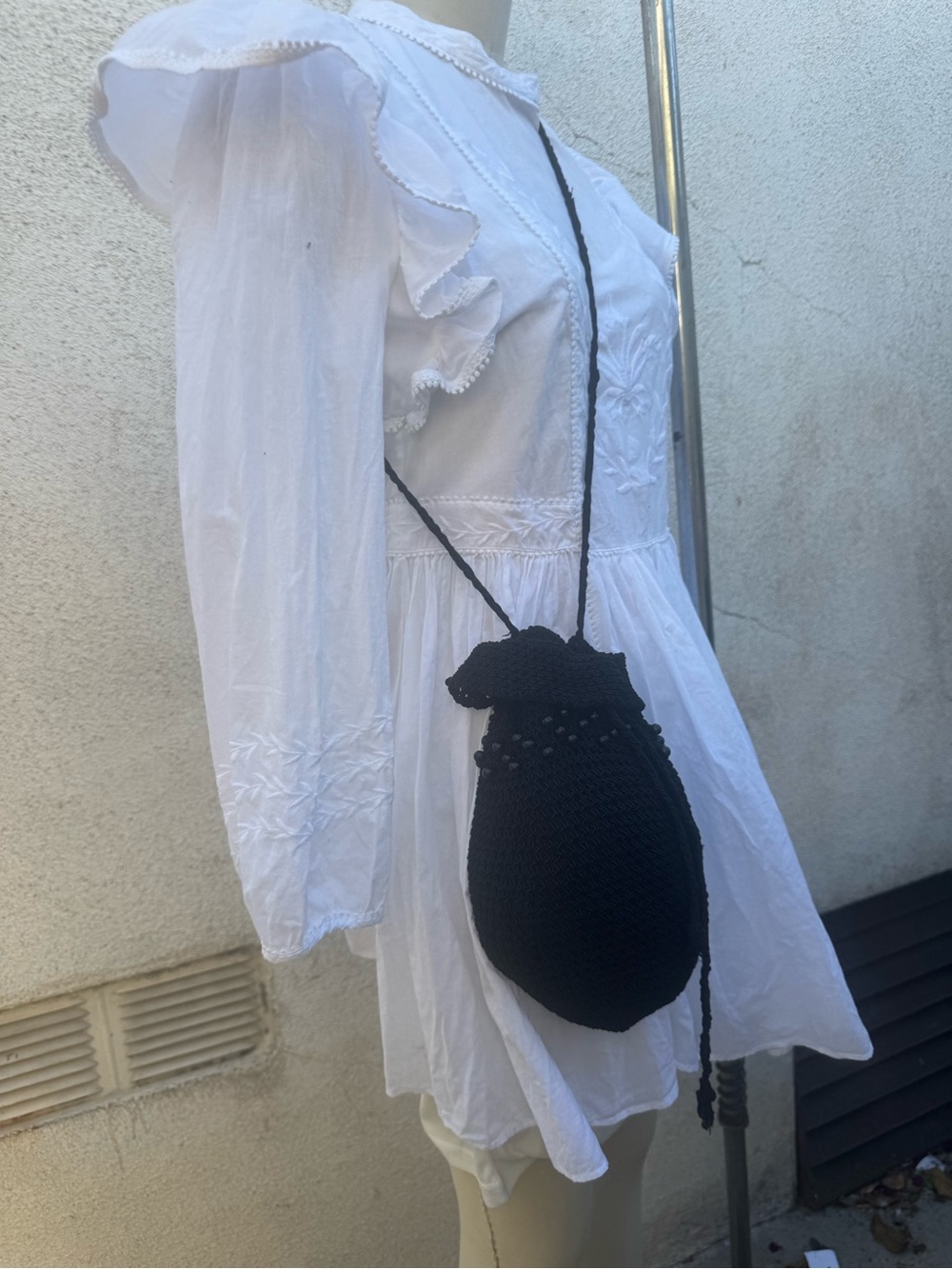 Black Crochet Drawstring Crossbody Bag for Women